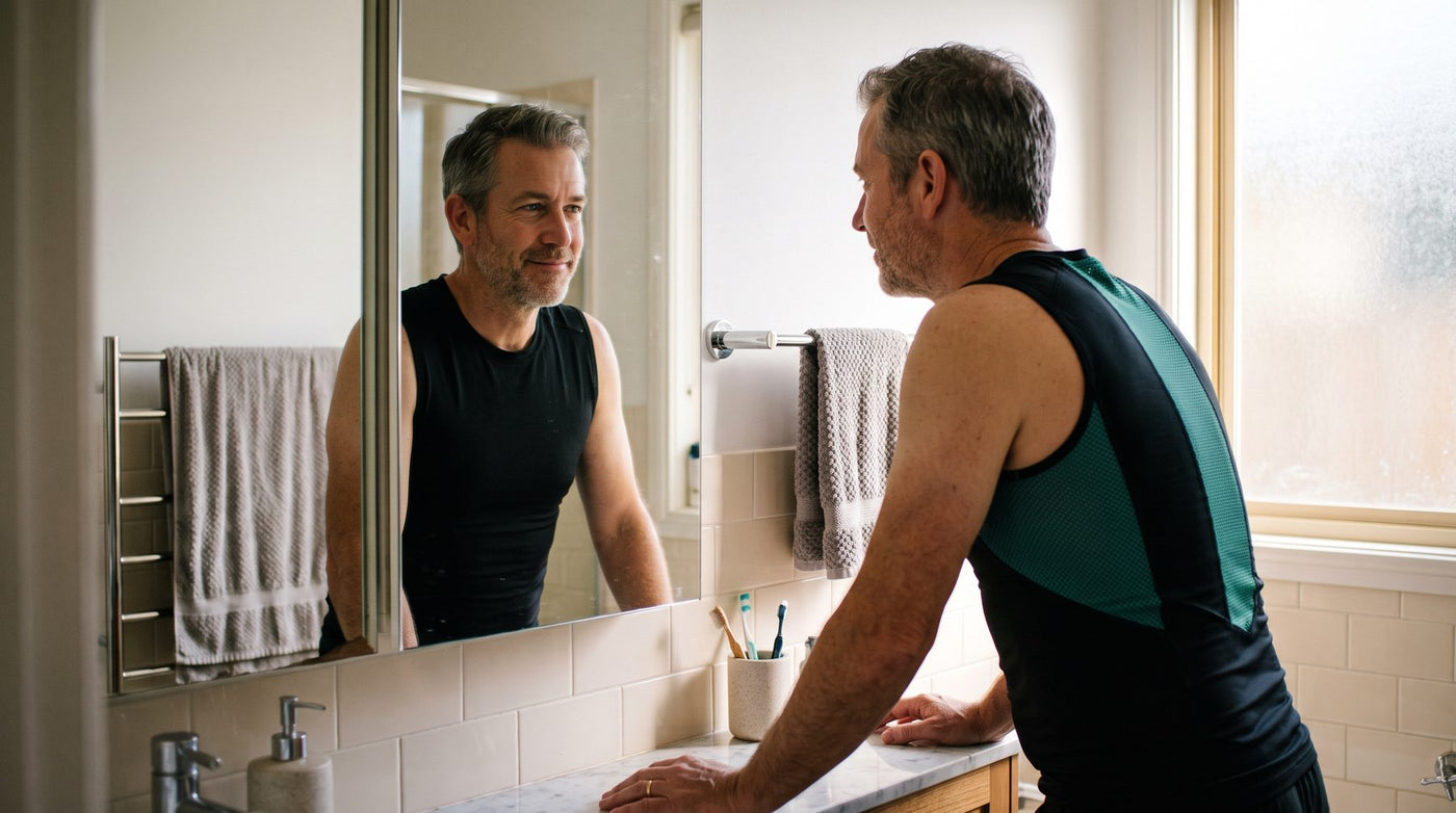 Man checking his reflection wearing a Tyrant compression tank
