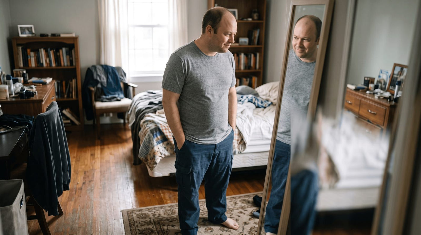 Man in his bedroom mirror, before and after wearing Tyrant under his shirt — After Tyrant