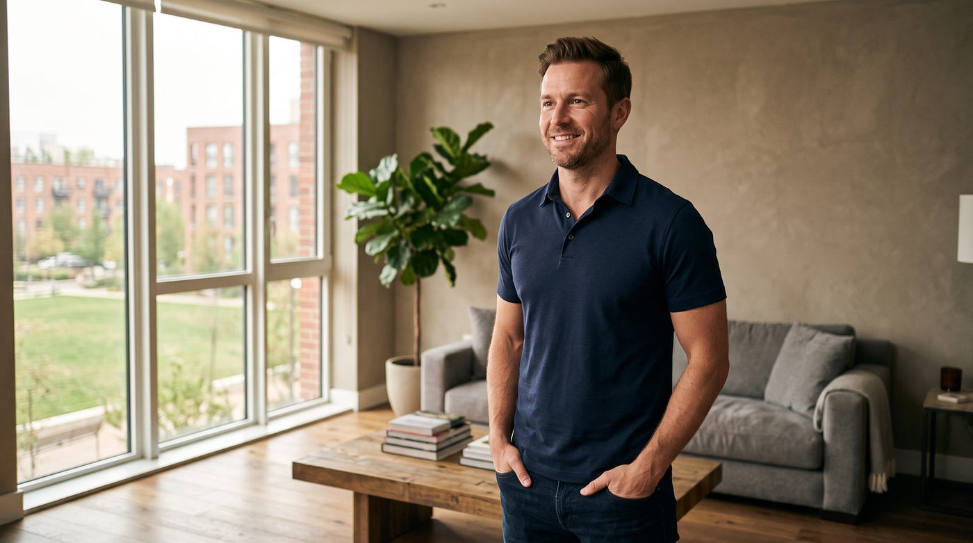 Confident man in a well-fitted navy polo shirt