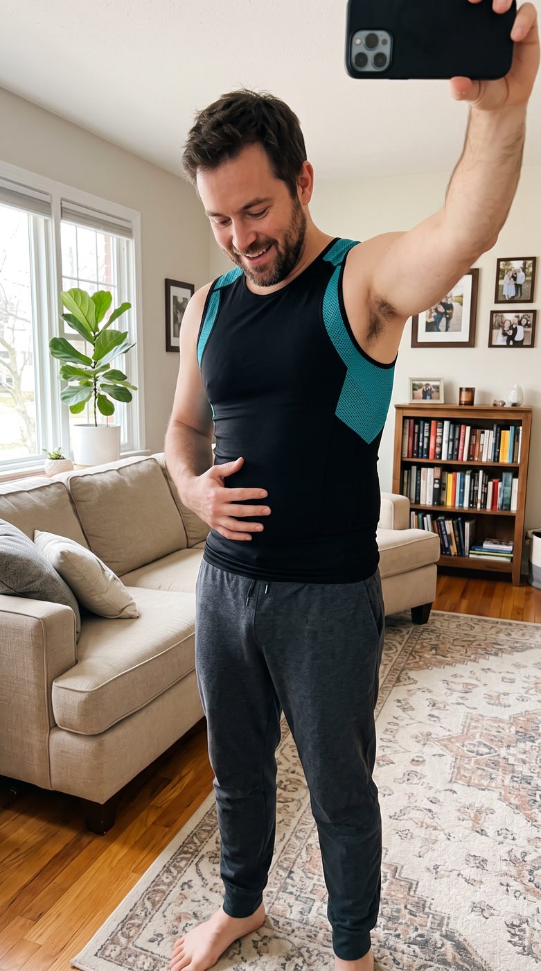 Man at home glancing down at his stomach in the tank
